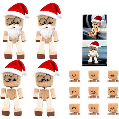 EIRZNGXQ Christmas Hat Shaking Wooden Man Figurine with Beard, Handmade Shaking Feet Wooden Man Figurine Doll with 12PCS Magnetic Expressions, Portable Funny Car Dashboard Decorations (Wood 4pcs)