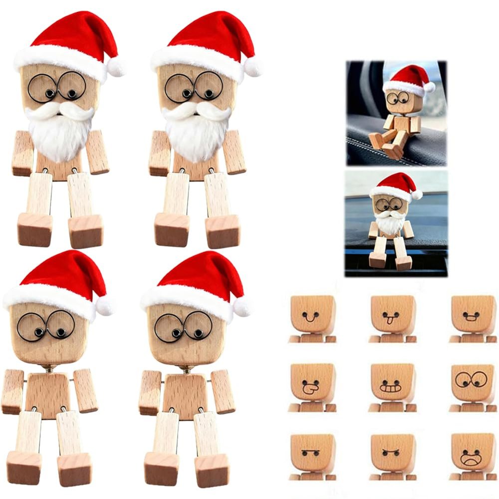 EIRZNGXQ Christmas Hat Shaking Wooden Man Figurine with Beard, Handmade Shaking Feet Wooden Man Figurine Doll with 12PCS Magnetic Expressions, Portable Funny Car Dashboard Decorations (Wood 4pcs)