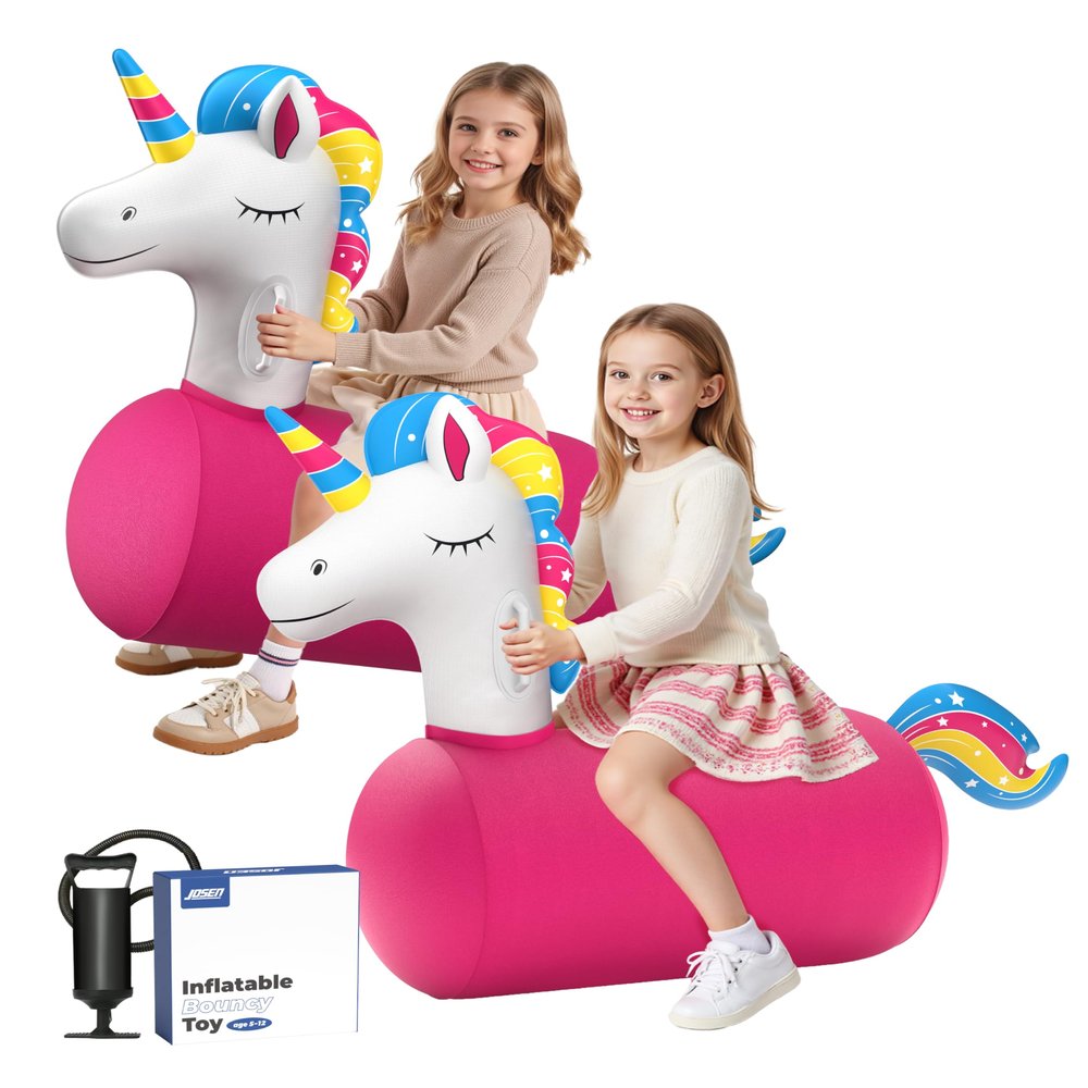 JOSEN Bouncy Hopper Giant Unicorn Ride On Toys, Inflatable Bouncing Animal Hopper with Hand Pump, Jumping Hopping Toys Up to 250lbs, Indoor Outdoor Bouncers for Teen Kids Girls Boys Ages 5+ (2 Pack)