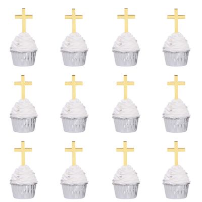 12Pcs Cross Cupcake Toppers - Religious Baptism Party Decorations,Acrylic Gold Cross Cupcake Toppers,First Communion Party Cake Topper,God Bless Birthday Wedding Party Photo Props