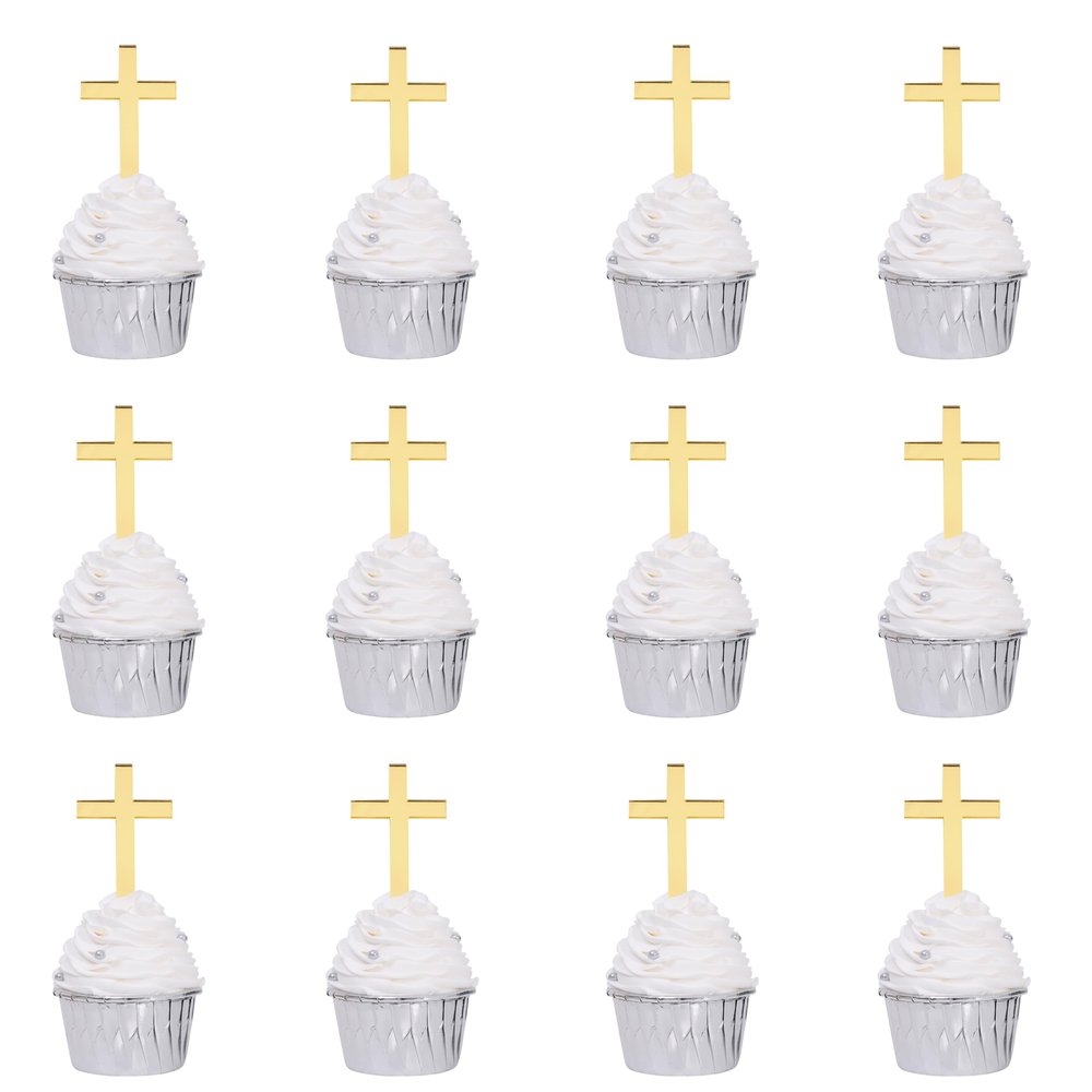 12Pcs Cross Cupcake Toppers - Religious Baptism Party Decorations,Acrylic Gold Cross Cupcake Toppers,First Communion Party Cake Topper,God Bless Birthday Wedding Party Photo Props