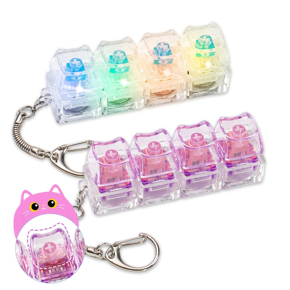 2 Pcs Keyboard Fidget Toy, Creamy & Clicky Fidget Clicker Keychain, Light Up and No Light Cute Cat Stress Relief Fidget Toys for Adults, Boost Focus & Calm Anxiety at Work, Study(White, Purple)