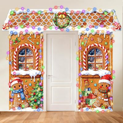 3 Pcs Christmas Gingerbread House Decorations,Gingerbread House Door Covers Lighted Backdrop for Xmas Holiday Indoor Outdoor Winter Party Decor