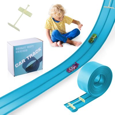 Christmas Gift, 15 Ft Flexible Race Track for Kids, Hot Wheels, Matchbox Car Track,Car Launcher, Rolls Up Portable Race Track, Suction Cups Compatible, Diecast 1/50th Toy Cars, Sky Blue