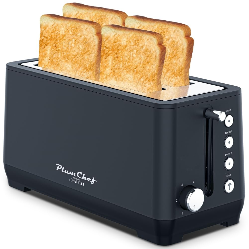 4-Slice Toaster Extra Wide Long Slot with Warming Rack, 6 Browning Levels Bagel Defrost Reheat, Removable Crumb Tray Stainless Steel Matte Blue 1500W