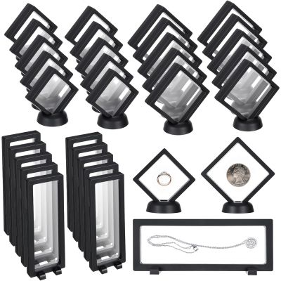 80 Sets 3D Floating Frame with Stand, 3 Sizes Challenge Coin Display Holder, Small Shadow Box for Earrings, Rings, Brooch, Military Medal, Black