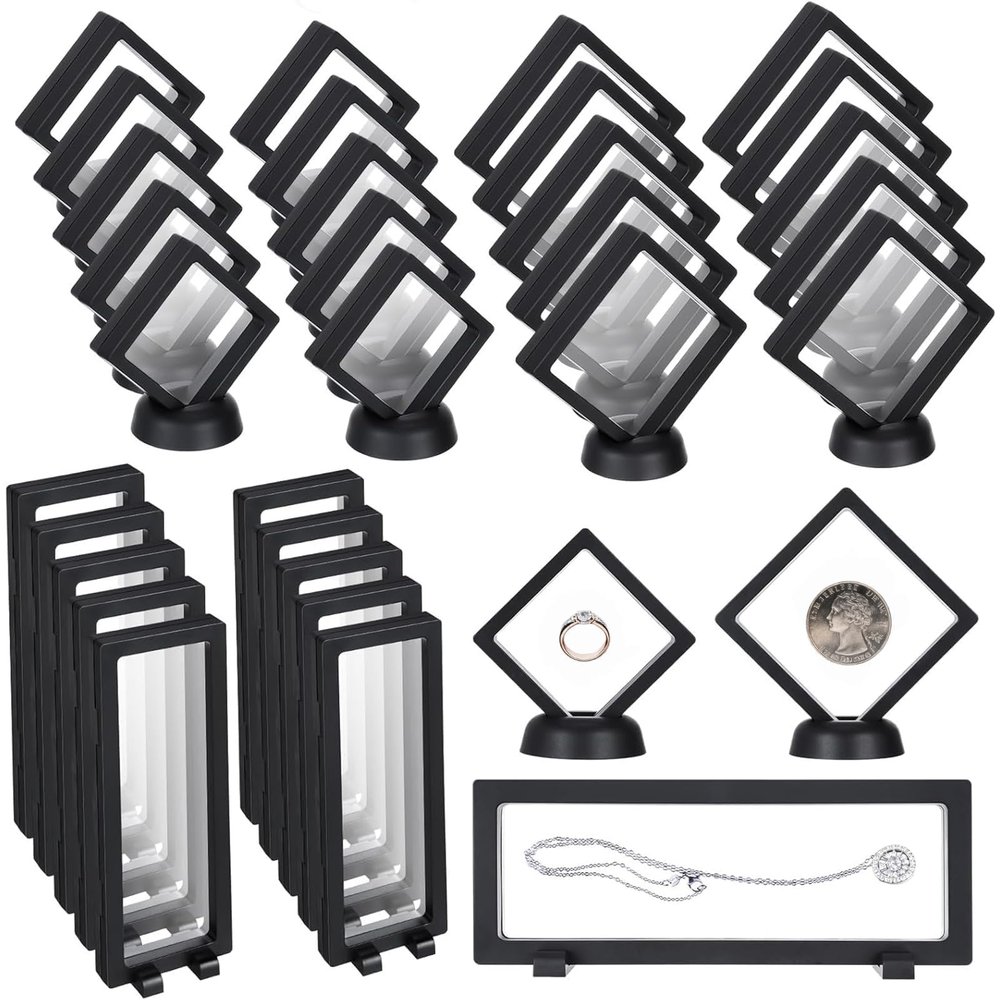 80 Sets 3D Floating Frame with Stand, 3 Sizes Challenge Coin Display Holder, Small Shadow Box for Earrings, Rings, Brooch, Military Medal, Black