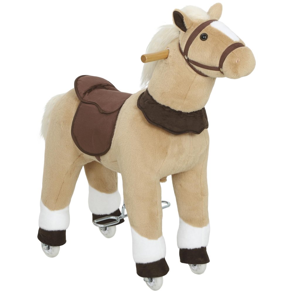 Qaba Ride on Horse for Kids 3-5 Years, 31.5 Inch Height Plush Riding Pony, Walking Horse Animal with Rolling Wheels for Active Play, No Batteries Required, Brown
