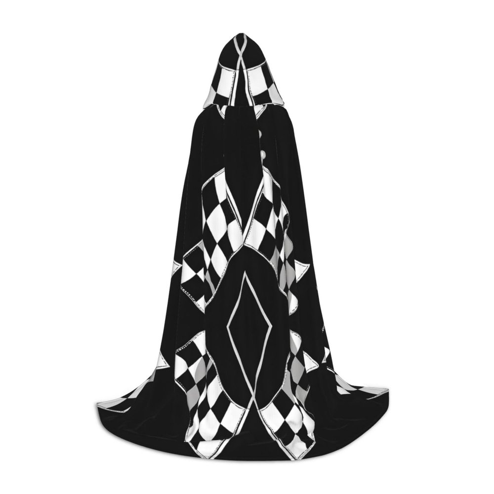 LOKLNEYK Black White Formula Checkered Flags Pattern Print Hooded Cape For Teenagers-Oversized Hood, For Halloween, Cosplay