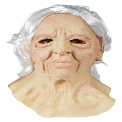 Bascabeen Halloween Old Man Mask Creepy Realistic Latex Wrinkle Face Mask (The white-haired old lady)