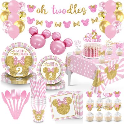 166 Pcs Oh Twodles Birthday Party Supplies Girl, 2nd Birthday Decorations for Girl Paper Plates Napkins Cups Tablecloth Banner for Pink Gold Oh Twodles Birth day Decorations for Girls Serve 16 Guests
