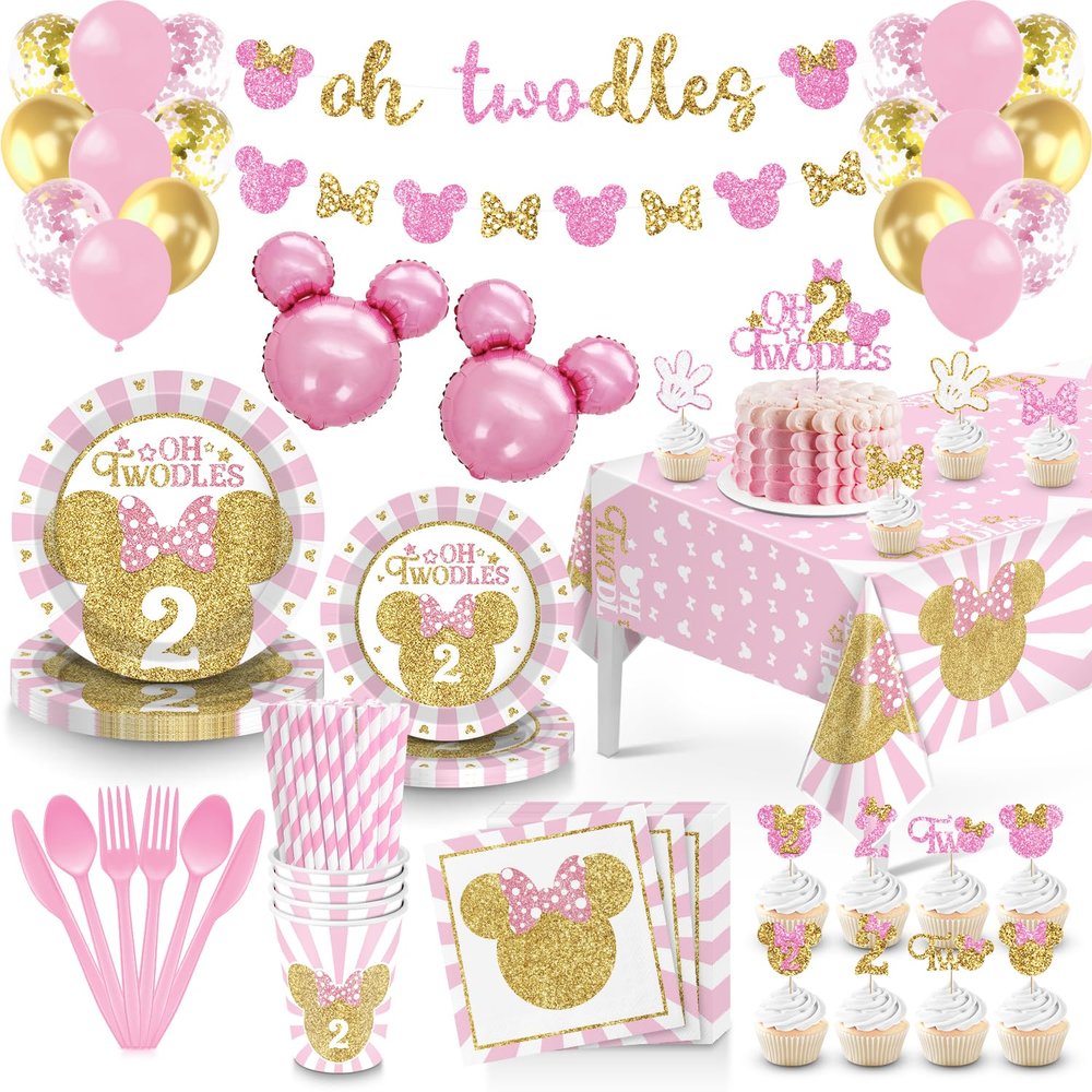 166 Pcs Oh Twodles Birthday Party Supplies Girl, 2nd Birthday Decorations for Girl Paper Plates Napkins Cups Tablecloth Banner for Pink Gold Oh Twodles Birth day Decorations for Girls Serve 16 Guests