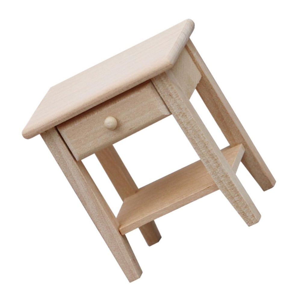 Abaodam Scale Miniature Bedside Table Raw Wood Nightstand Cabinet for Dollhouse Bedroom and Living Scene Unfinished Natural Wood Finish Dual Function Side Cabinet Model Accessory
