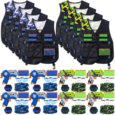Halloscume 8 Set Tactical Gun Party Supplies Party Supplies Kit Included Guns, Camouflage Vests, 80 Foam Bullets, Wrist Belt Band,Safety Glasses, Face Masks for People