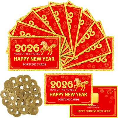 Capoda 25 Counts Chinese New Year Fortune Cards 2026 Year of The Horse Scratch Off Cards with 30 Feng Shui Coins Chinese Decoration Lunar New Years for Presents Eve Party