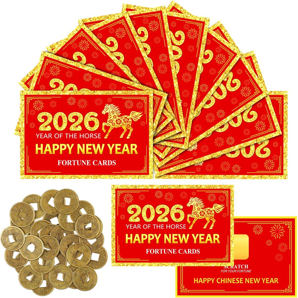 Capoda 25 Counts Chinese New Year Fortune Cards 2026 Year of The Horse Scratch Off Cards with 30 Feng Shui Coins Chinese Decoration Lunar New Years for Presents Eve Party