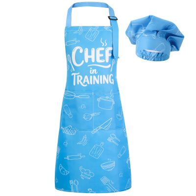 XLSXEXCL Kids Apron and Chef Hat Set, CHEF in training Apron Adjustable Child Aprons Chef in Training Funny Aprons with 2 Pockets for Boys and Girls (Blue)