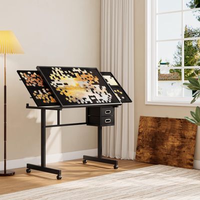 Adjustable Height & Angle 1000 Piece Puzzle Table with Wheels, Metal Jigsaw Puzzle Board for Adults with 4 Felt Trays, 2 Storage Drawers, Wooden Protective Cover & Tilting Desk,Portable Puzzle Table