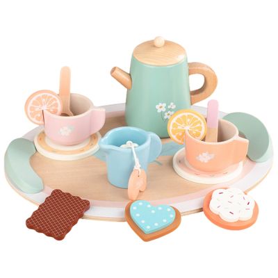 Wooden Tea Set for Kids, Safe Pretend Play with Teapot Cups Desserts for Boys Girls Age 3+