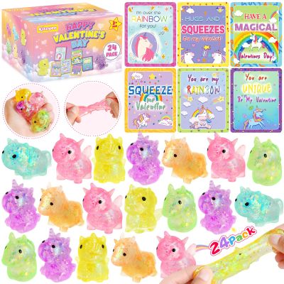 24 Packs Valentines Day Cards for Kids School with Unicorn Squeeze Toys, Valentines Day Gifts for Kids with Unicorn Valentines Cards, Ideal Valentine Party Favor School Classroom Prizes for Boys Girls