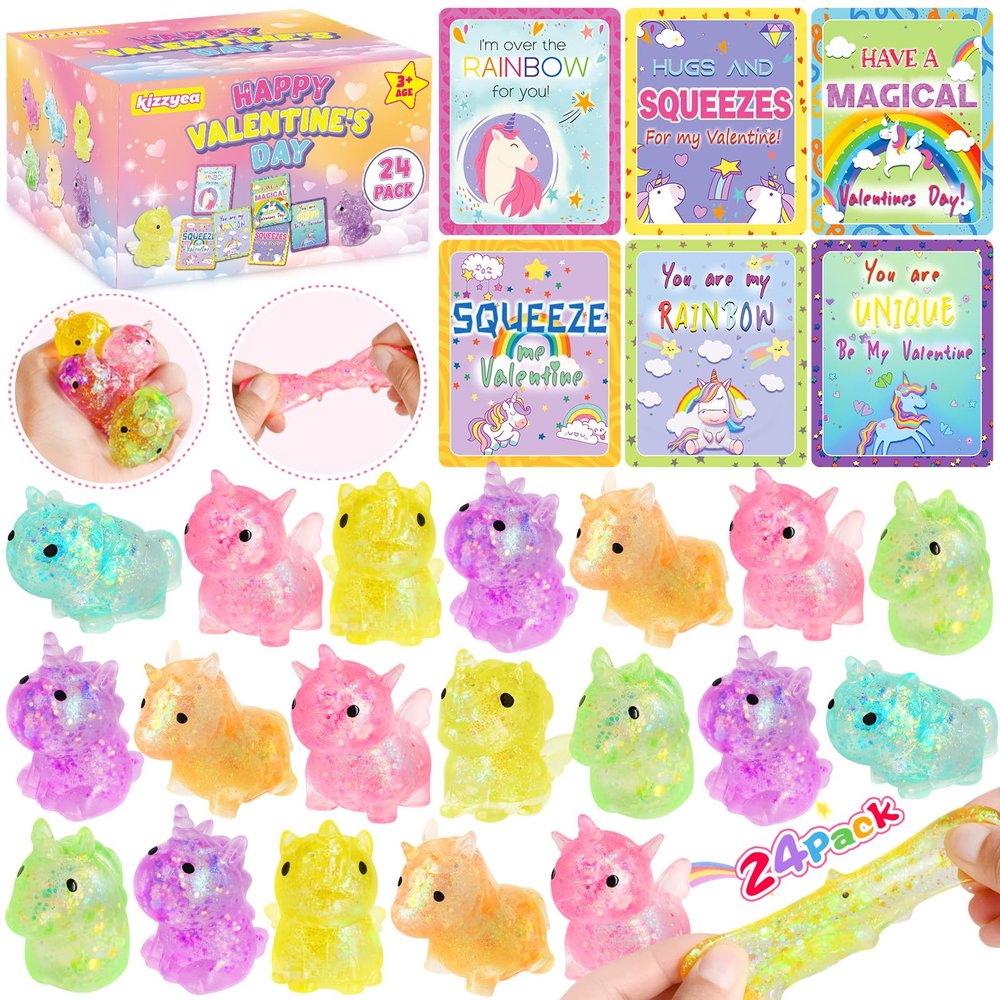 24 Packs Valentines Day Cards for Kids School with Unicorn Squeeze Toys, Valentines Day Gifts for Kids with Unicorn Valentines Cards, Ideal Valentine Party Favor School Classroom Prizes for Boys Girls