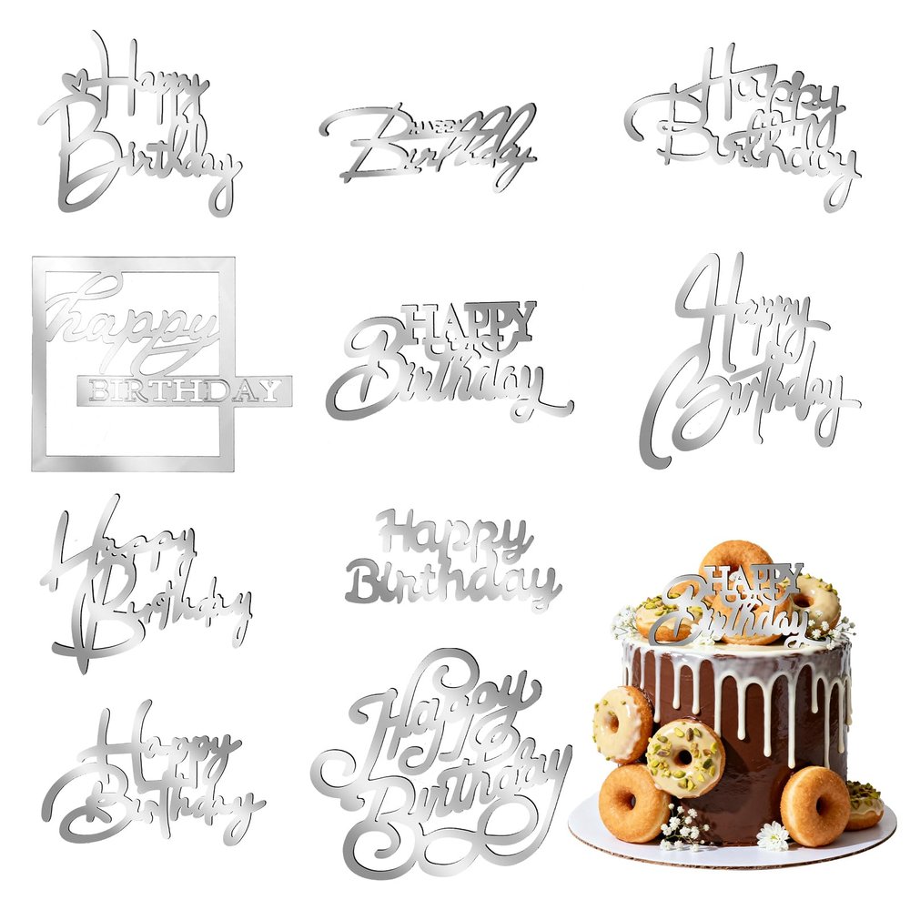 10 PCS Silver Happy Birthday Cupcake Topper, Multiple Styles Acrylic Cake Toppers, Silvery Cakes Decorations Inserts Set for Birthday Party Cake Desserts Pastries Baker Making Supplies
