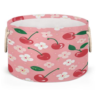 Ethebre Cherry Fruit Flower Round Storage Basket for Laundry & Toys, Lightweight Fabric Laundry Hamper with Handles, Foldable Large Organizer Bin for Bedroom Bathroom Nursery Dorm