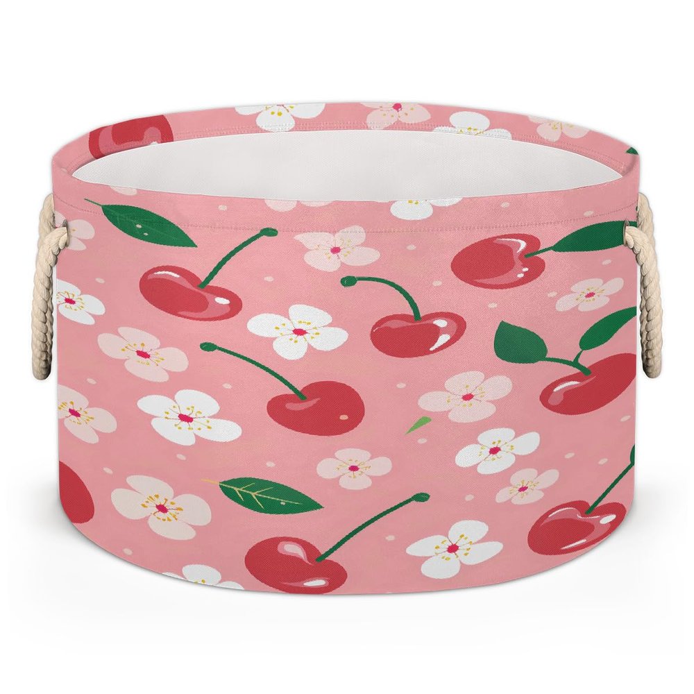Ethebre Cherry Fruit Flower Round Storage Basket for Laundry & Toys, Lightweight Fabric Laundry Hamper with Handles, Foldable Large Organizer Bin for Bedroom Bathroom Nursery Dorm