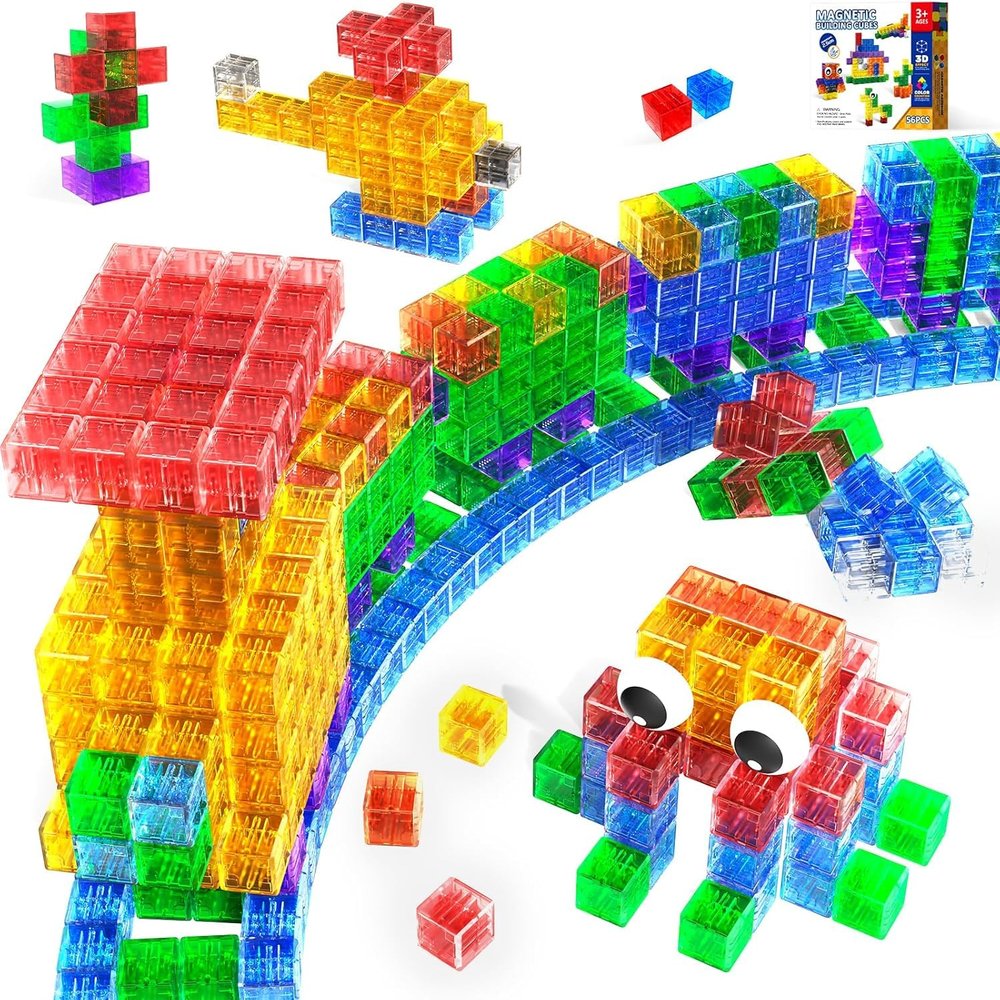 Annexfun 56PCS Magnetic Blocks - Transparent Magnetic Cubes, Toddlers Building Blocks,Montessori Preschool STEM Educational Sensory Toys for Kids Ages 3+ Boys & Girls Birthday Gifts (1IN)