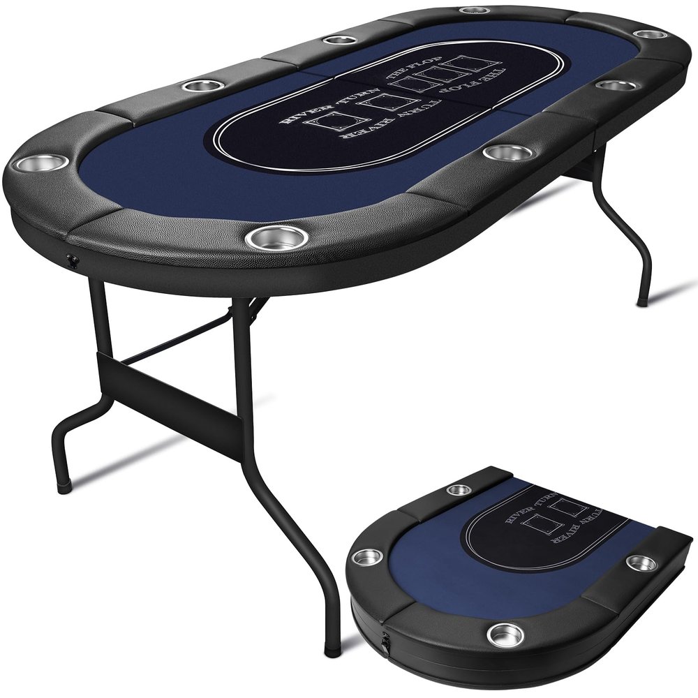 HLC 8 Player Foldable Poker Table for Adults - Professional Casino Design w/Padded Rail & Deep Cup Holders | Heavy-Duty Steel Frame | Portable for Home Games, Parties & Poker Nights, 71 Inch