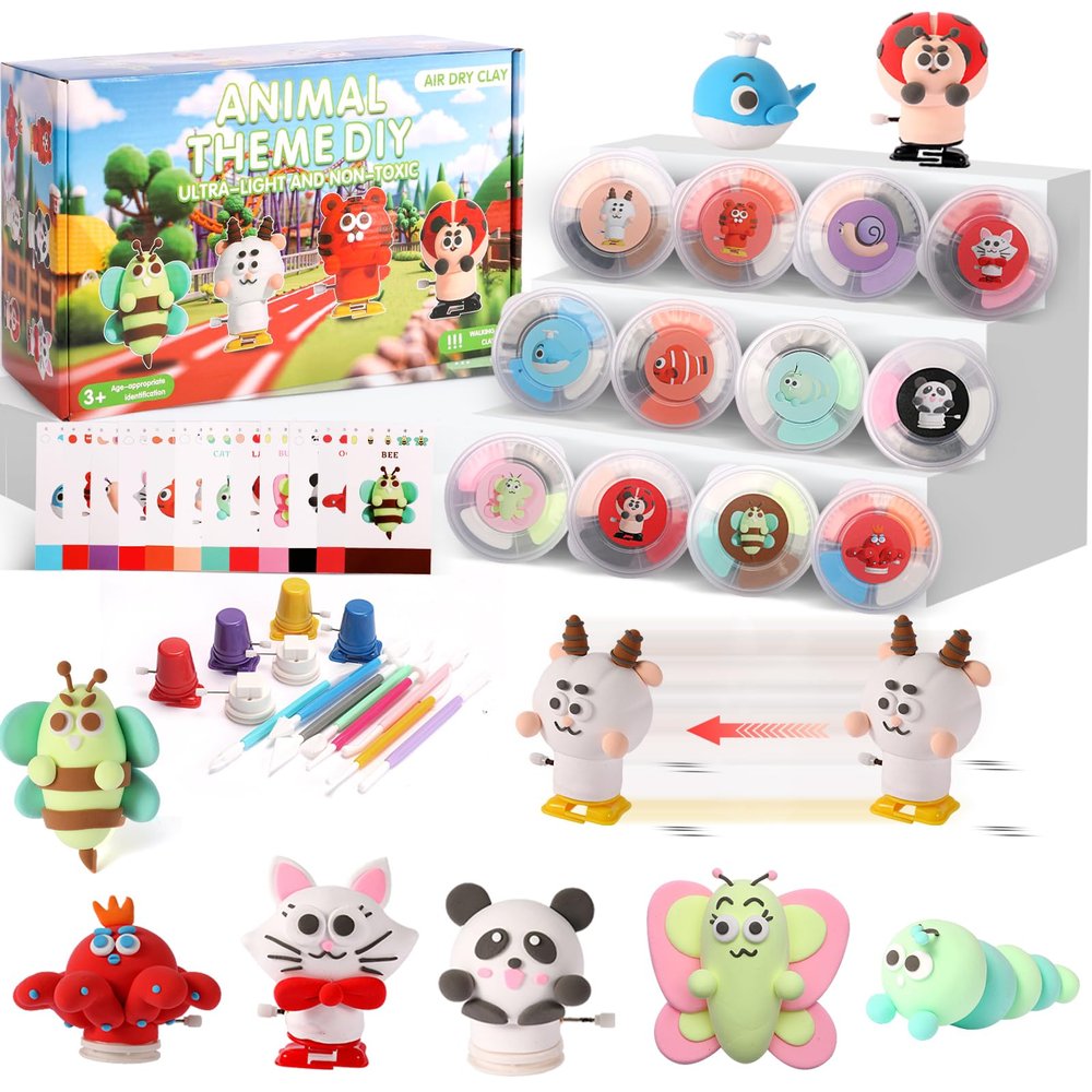 FIIOEOY Air Dry Clay Kit -12 Animals Modeling Clay Set with 6 Movable Bases, Ultra Light & Soft, Safe Non-Stick DIY Art & Craft Kit with Sculpting Tools & Tutorials, Creative Gift for Boys & Girls
