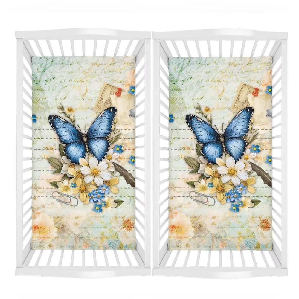 Butterfly Flower Baby Crib Sheets for Boys Girls, 2 Packs Fitted Crib Sheet for Standard Cribs and Toddler Mattress, Ultra Soft Breathable Microfiber Baby Sheets 52x28 in