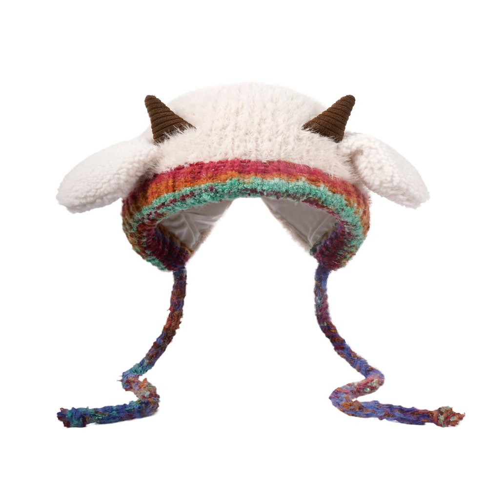 NATUREPON Original design Halloween funny lamb hat can be used as a handbag Knitted ear protection windproof warm hat (white)