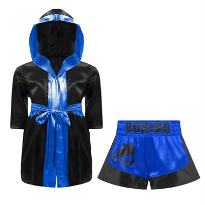 Sinleey Kids Boys Boxing Costume Halloween Boxer Cosplay Satin Boxing Robes Claok with Belt and MMA Shorts Black&Blue 12 Years