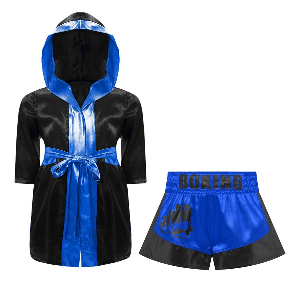 Sinleey Kids Boys Boxing Costume Halloween Boxer Cosplay Satin Boxing Robes Claok with Belt and MMA Shorts Black&Blue 12 Years
