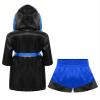 Sinleey Kids Boys Boxing Costume Halloween Boxer Cosplay Satin Boxing Robes Claok with Belt and MMA Shorts Black&Blue 12 Years view 2