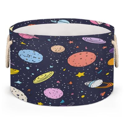 Ethebre Retro Cartoon Space Round Storage Basket for Laundry & Toys, Lightweight Fabric Laundry Hamper with Handles, Foldable Large Organizer Bin for Bedroom Bathroom Nursery Dorm