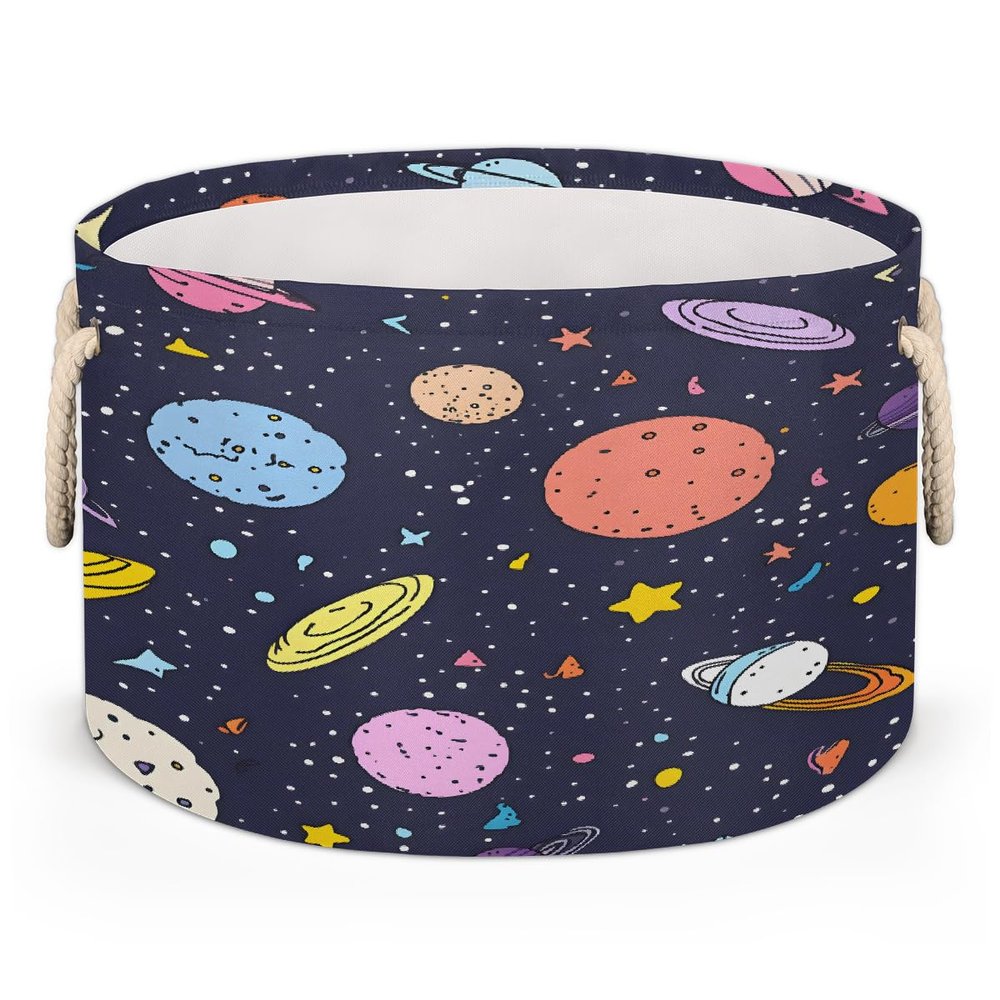 Ethebre Retro Cartoon Space Round Storage Basket for Laundry & Toys, Lightweight Fabric Laundry Hamper with Handles, Foldable Large Organizer Bin for Bedroom Bathroom Nursery Dorm