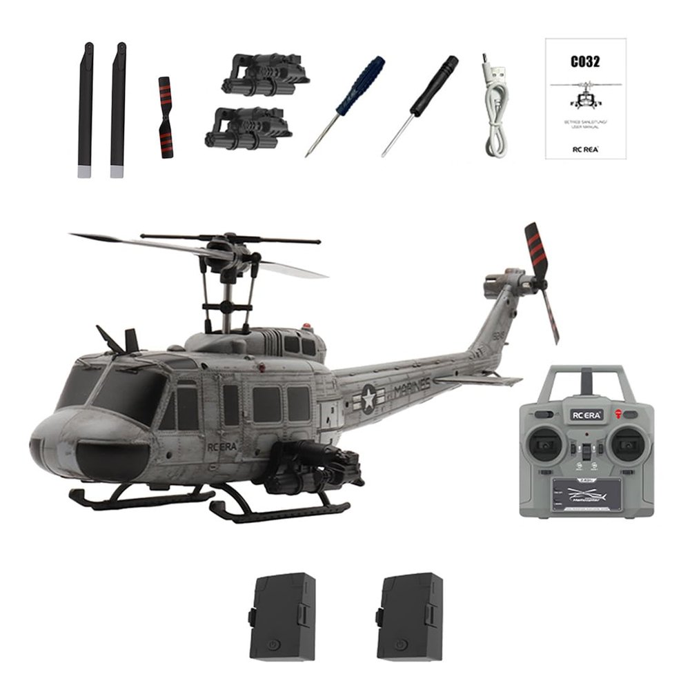 C032 UH-1 Huey RC Helicopter for Adults, 1/48 Scale 2.4G 6CH Flybarless Brushless Motor Remote Control Helicopter Model with Altitude Hold, Optical Flow & TOF Positioning(Distressed Navy Gray/1Battry)