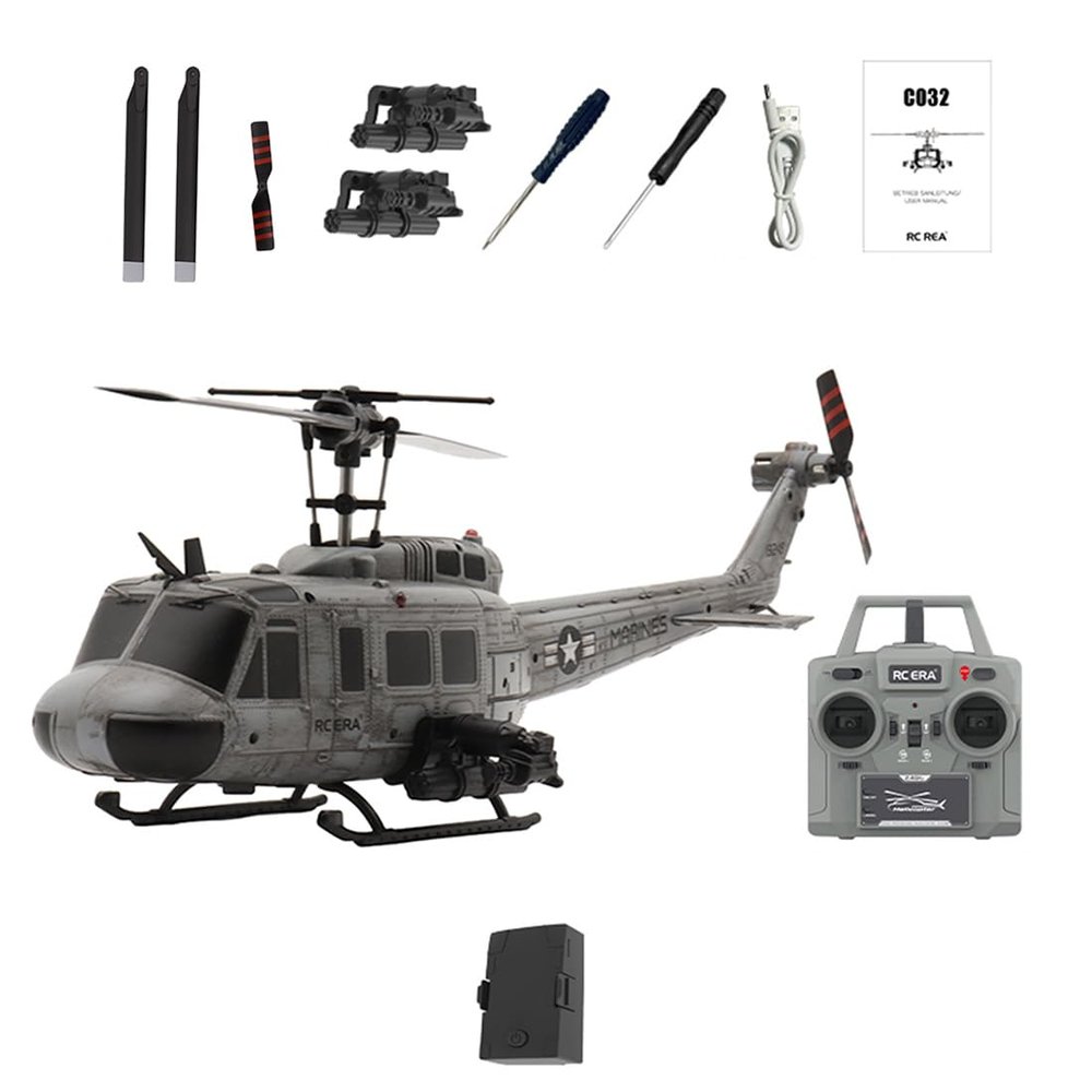 C032 UH-1 Huey RC Helicopter for Adults, 1/48 Scale 2.4G 6CH Flybarless Brushless Motor Remote Control Helicopter Model with Altitude Hold, Optical Flow & TOF Positioning(Distressed Navy Gray/1Battry)