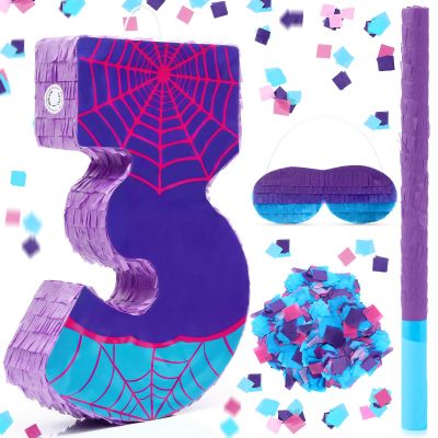 Simgoing 13.7 Inch Number 3 Spider Web Piata 3rd Birthday Party Decoration Hero Themed Piata with 15.4 Inch Stick Blindfold Confetti Number 3 4 5 Spider Party Favors Game Gifts for Kid Boy Girl Fun