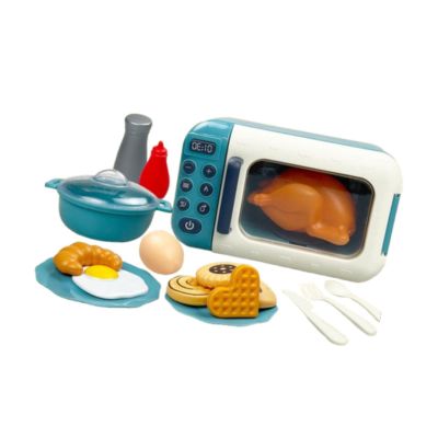 17-Piece Kids Pretend Play Microwave Toy with Cooking Utensils, Interactive Kitchen Accessories for Learning & Birthday Gifts- Blue