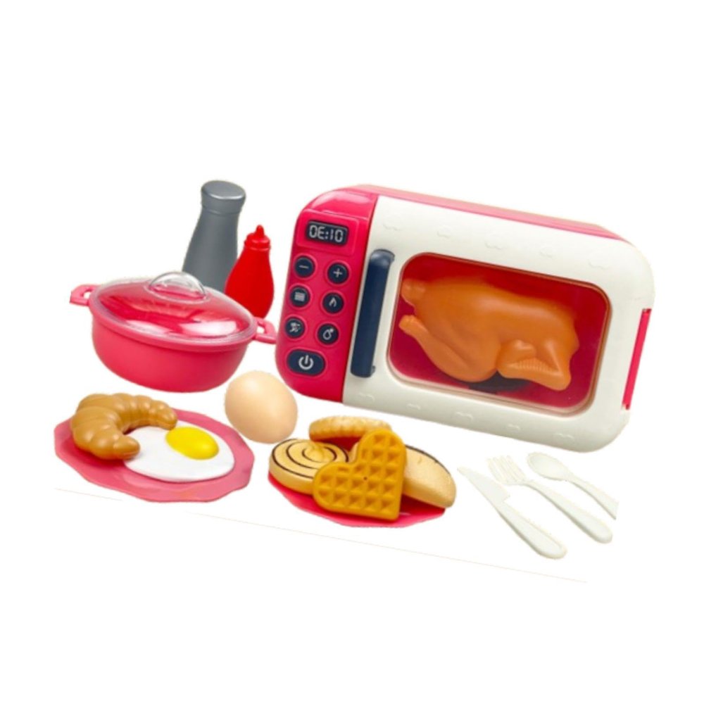 17-Piece Kids Pretend Play Microwave Toy with Cooking Utensils, Interactive Kitchen Accessories for Learning & Birthday Gifts- Red