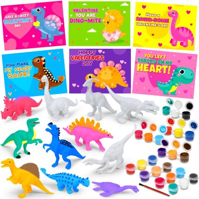 30PCS Valentine's Day Card Gifts for Kids Dinosaur Painting Set with Valentine Card PVC Dinosaur Figure Paint Crafts School Classroom Valentine Gifts Boy Girl Exchange Party Favors Goodie Bags for Kid