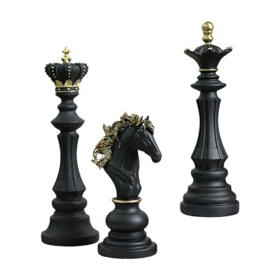 3Pcs Resin Chess Pieces Statues International Chess Figurines Collection Gift Chessmen Ornaments Resin Sculptures for Office Decor- Black