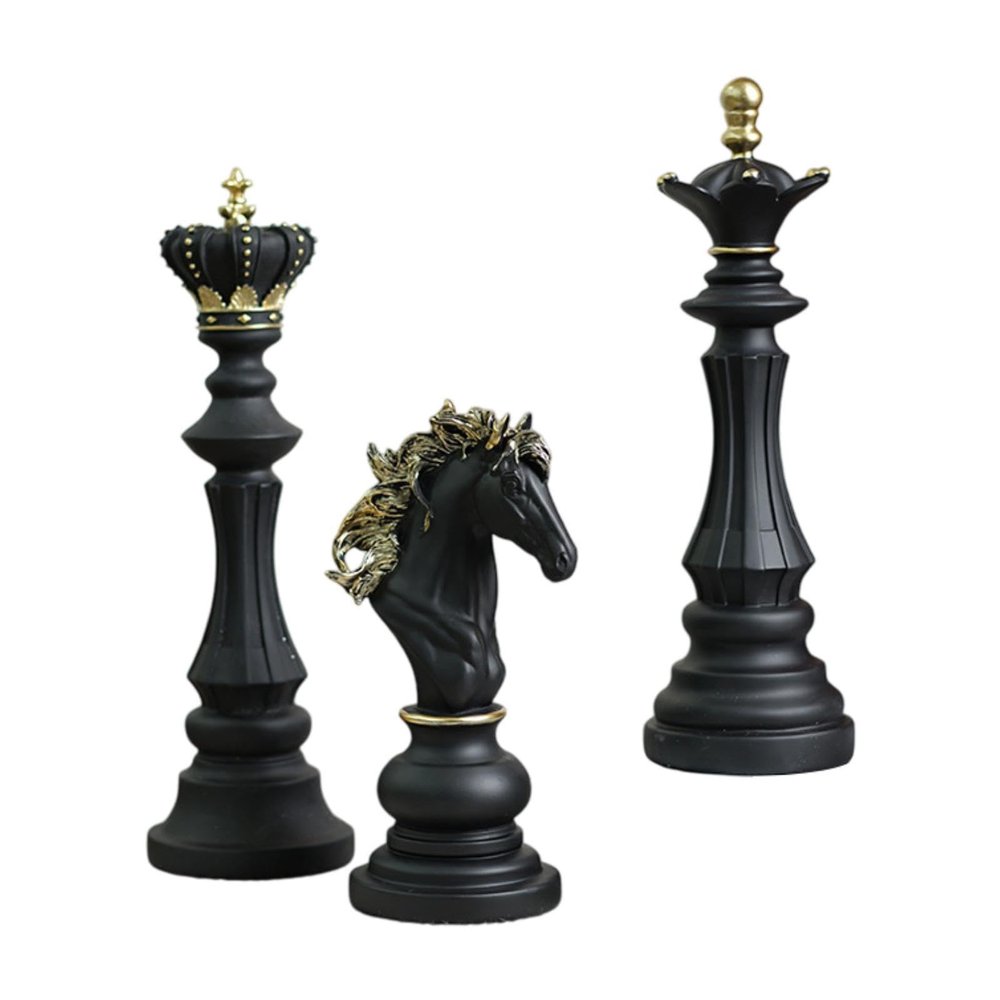 3Pcs Resin Chess Pieces Statues International Chess Figurines Collection Gift Chessmen Ornaments Resin Sculptures for Office Decor- Black