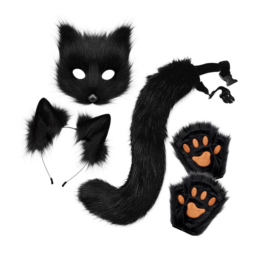 blloocod Therian Mask and Tail Set Cute Cat Mask for Holiday Christmas Masquerade Costume Party- Black