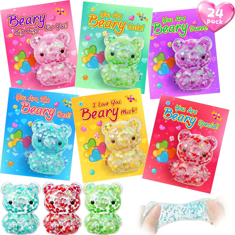 24 Pack Valentine's Day Gifts Cards with Glitter Bears, Valentine Cards for Kids, Squeeze Fidget Toys Bulk for Classroom School Valentine's Gifts Exchange, Valentine Party Favors for Boys Girls