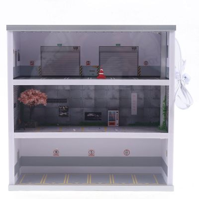 1/64 Scale Parking Model 3 Tiers Car Scenarios Display Case with Led Light & Clear Acrylic Door Toy Car Garage Diorama Parking
