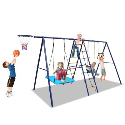 6 in 1 Swing Set with Climbing Ladder, Climbing Net, Trapeze bar, Hammock Swing, Belt Swing, Basketball Hoop for Backyard (Style B(with Trapeze bar))